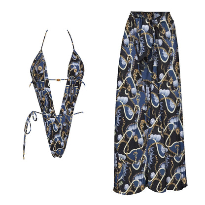 2025 New High Quality Elegant One Piece Swimsuit And Skirt Print Deep-V Lace-up Women Bikini Set Swimwear Party Bathing Suit