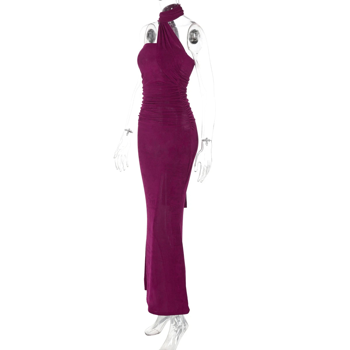 Hugcitar Halter Solid Sleeveless Backless Ruched Sexy Bodycon Maxi Prom Dress Summer Women Elegant Outfit Evening Party Birthday