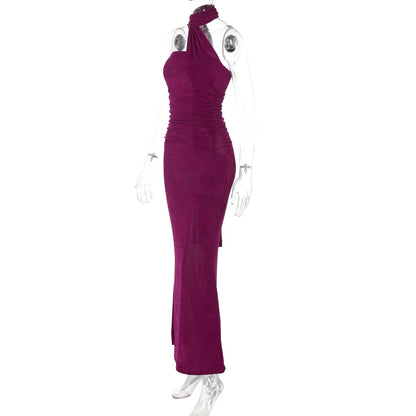 Hugcitar Halter Solid Sleeveless Backless Ruched Sexy Bodycon Maxi Prom Dress Summer Women Elegant Outfit Evening Party Birthday