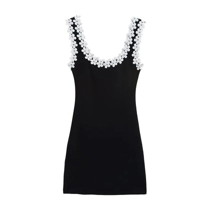 HH Female Summer Sexy Slim Dress 2 Color Solid Square Collar Sleeveless Backless Flower Decoration Women's Fashion Dresses