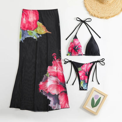 2025 New Flower Print Bikini Set Women's High Waist Long Skirt 3 Piece Swimsuit Sexy Mini Triangle Backless Thong Bathing Suit
