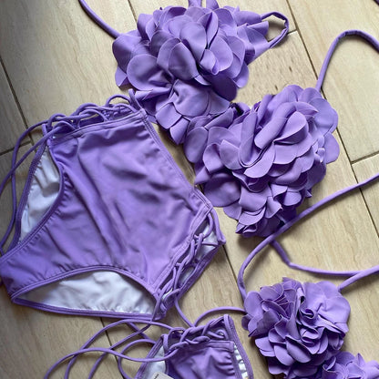 2025 Summer New Sexy Petal Push Up Backless Bikini Set Women Fashion Flower Ruffles Bikini Lady Solid Beachwear Bathing Suit