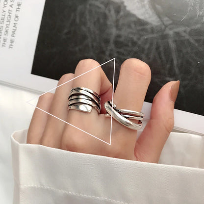 VENTFILLE 925 Sterling Silver Rings INS Fashion Hip Hop Vintage Couples Hollow Lines Punk Thai Silver Party Adjustable  Jewelry