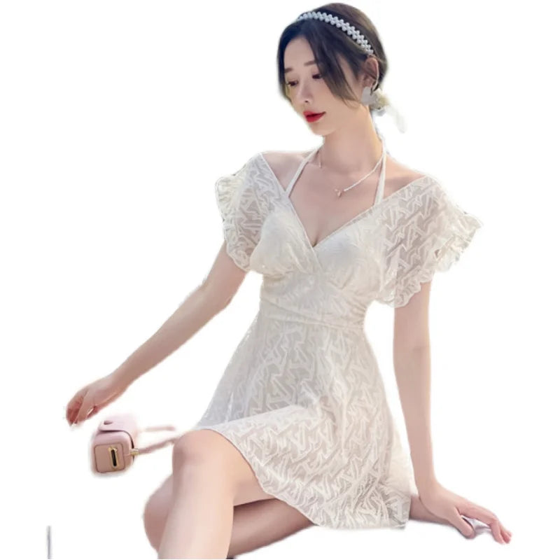 Ele Lace One-Piece Swimsuit Women's High Waist Brief Svel Slimming Thermal Bathing Suit Casual  Color Swimwear