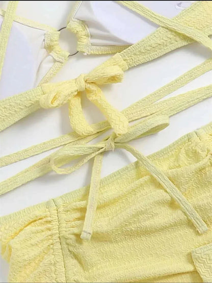 Sexy Yellow Bikini Women Solid Halter Ring Linked Criss Cross Cover Up 3 Piece Swimsuit 2025 Bathing Suit Ruffles Skirt Swimwear