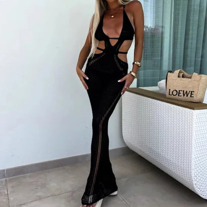 Sexy Style Hollow Out Backless Tie Up Dress Women Beach Vacation Beachwear Cover Up Knitting Sun Bathing Sunscreen Long Dress