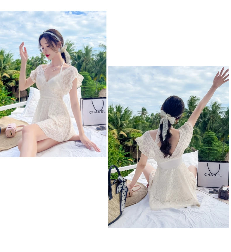 Ele Lace One-Piece Swimsuit Women's High Waist Brief Svel Slimming Thermal Bathing Suit Casual  Color Swimwear