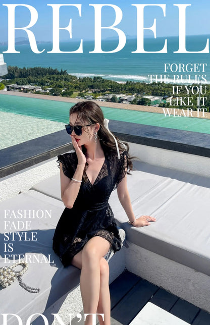 Ele Lace One-Piece Swimsuit Women's High Waist Brief Svel Slimming Thermal Bathing Suit Casual  Color Swimwear