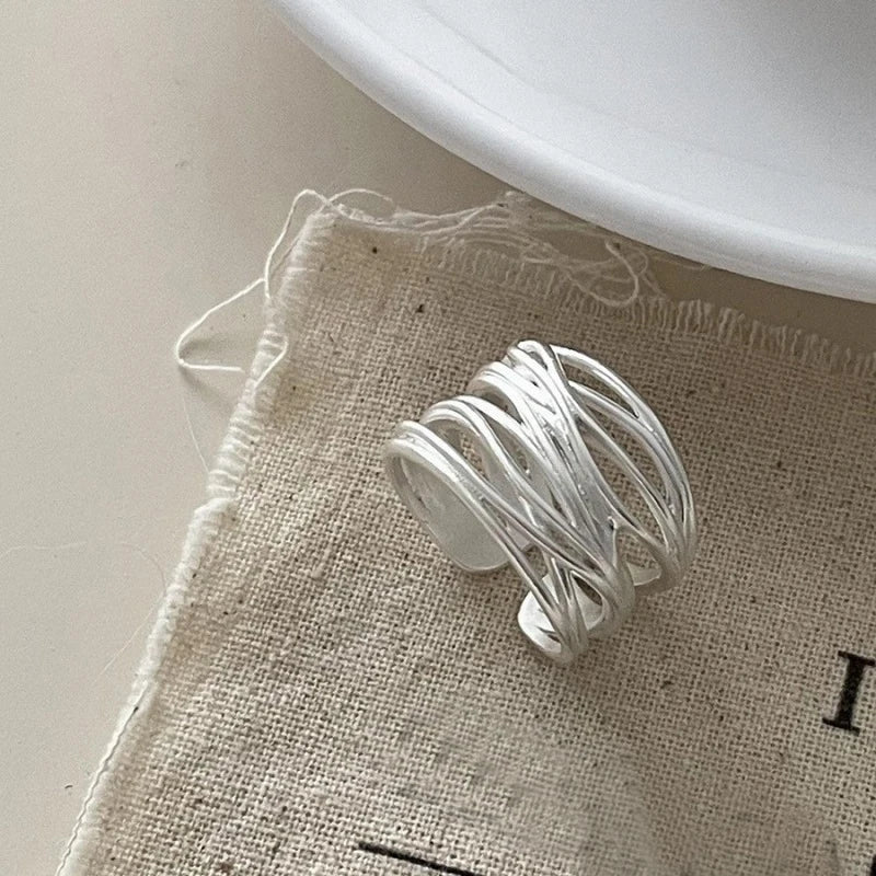 VENTFILLE 925 Sterling Silver Rings INS Fashion Hip Hop Vintage Couples Hollow Lines Punk Thai Silver Party Adjustable  Jewelry