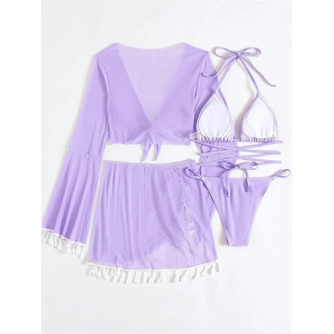 S - XL With Tassel Skirt Long Sleeve Bikini Women Swimwear Female Swimsuit Four-pieces Bikini set Bather Bathing Suit Swim V7060