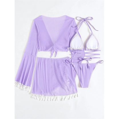 S - XL With Tassel Skirt Long Sleeve Bikini Women Swimwear Female Swimsuit Four-pieces Bikini set Bather Bathing Suit Swim V7060