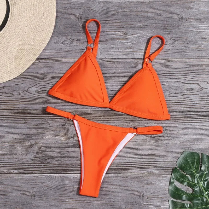 Pure Color Triangle Bikini Separate Swimsuit Metal Ladies Swimwear Single Layer Milk Silk Female Model Chinese Brand