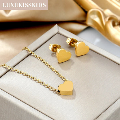 LUXUKISSKIDS Fashion Cubic Love Heart Minimalist Jewelry Set Necklace Earrings Bracelets Stainless Steel Women/Girls Accesories