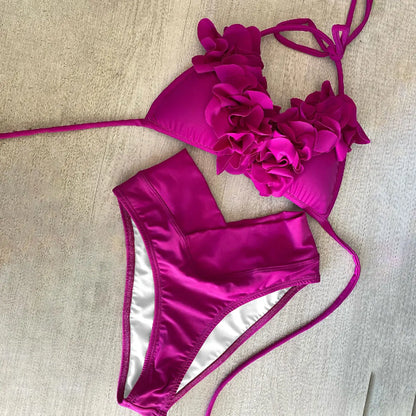 2025 Summer New Sexy Petal Push Up Backless Bikini Set Women Fashion Flower Ruffles Bikini Lady Solid Beachwear Bathing Suit