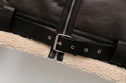 RARF 2024 New Woman's Fashion Thick Warm Faux Shearling Jacket Coat Vintage Long Sleeve Belt Hem Female Outerw