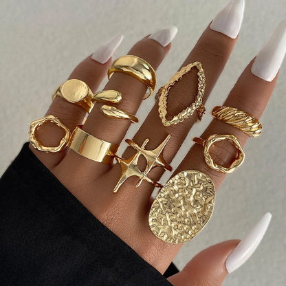 15Pcs/Set Exaggerated Metal Irregular Lines Water Droplet Smooth Rings for Women Men Punk Retro Boho Fashion Jewelry Gift