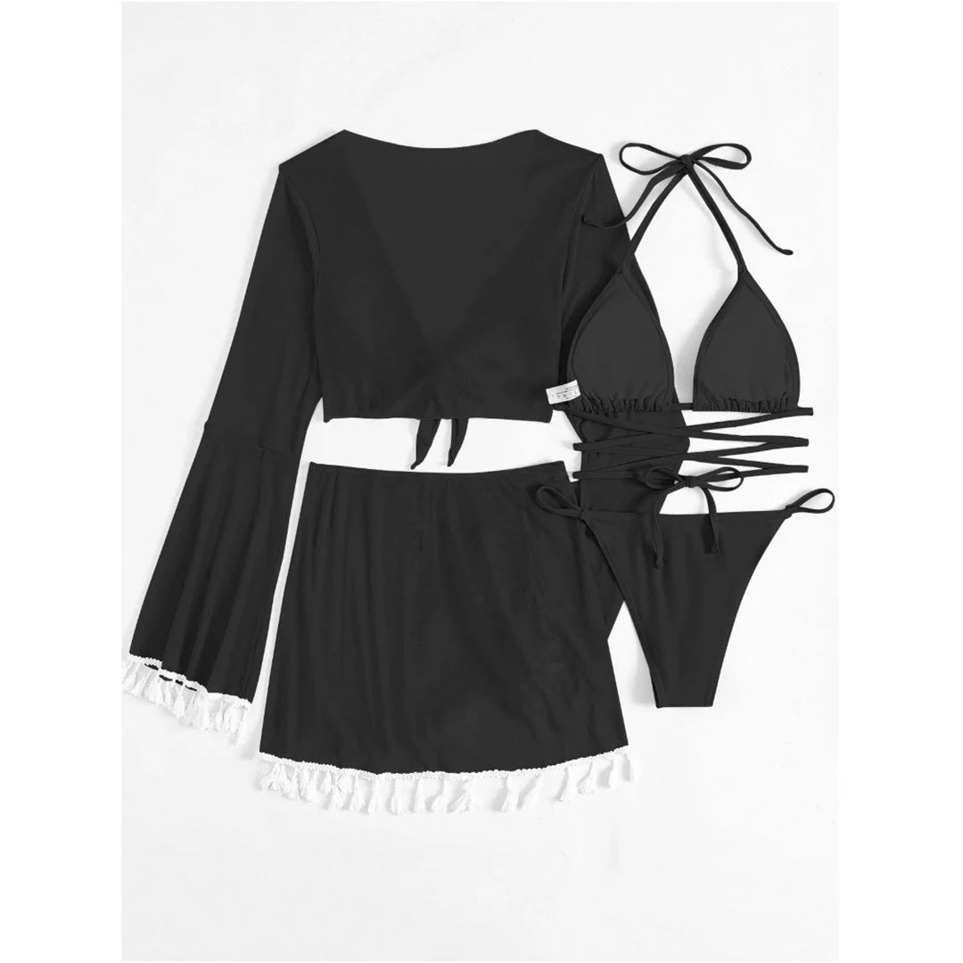 S - XL With Tassel Skirt Long Sleeve Bikini Women Swimwear Female Swimsuit Four-pieces Bikini set Bather Bathing Suit Swim V7060