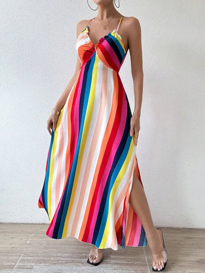 Women's Summer Ethnic Pattern Backless Split Thigh Dress Ladies Summer Clothes Boho Fashion Frill Trim Long Dress for Beach