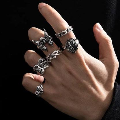 6Pcs Punk Poker Joker Silver Color Rings for Men Goth Skeleton Billiards Set Couple Emo Fashion Jewelry Anillos Hombre